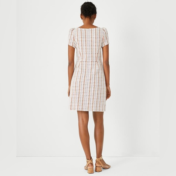 ANN TAYLOR Madras Plaid Puff Sleeve Flare Dress Orange Pink SZ 4 Work Party Mini - Picture 3 of 11